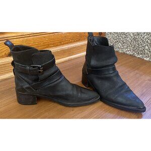 ALL SAINTS Pointy Toe Leather Boot Women 39 Slip On Harness black 9 8.5